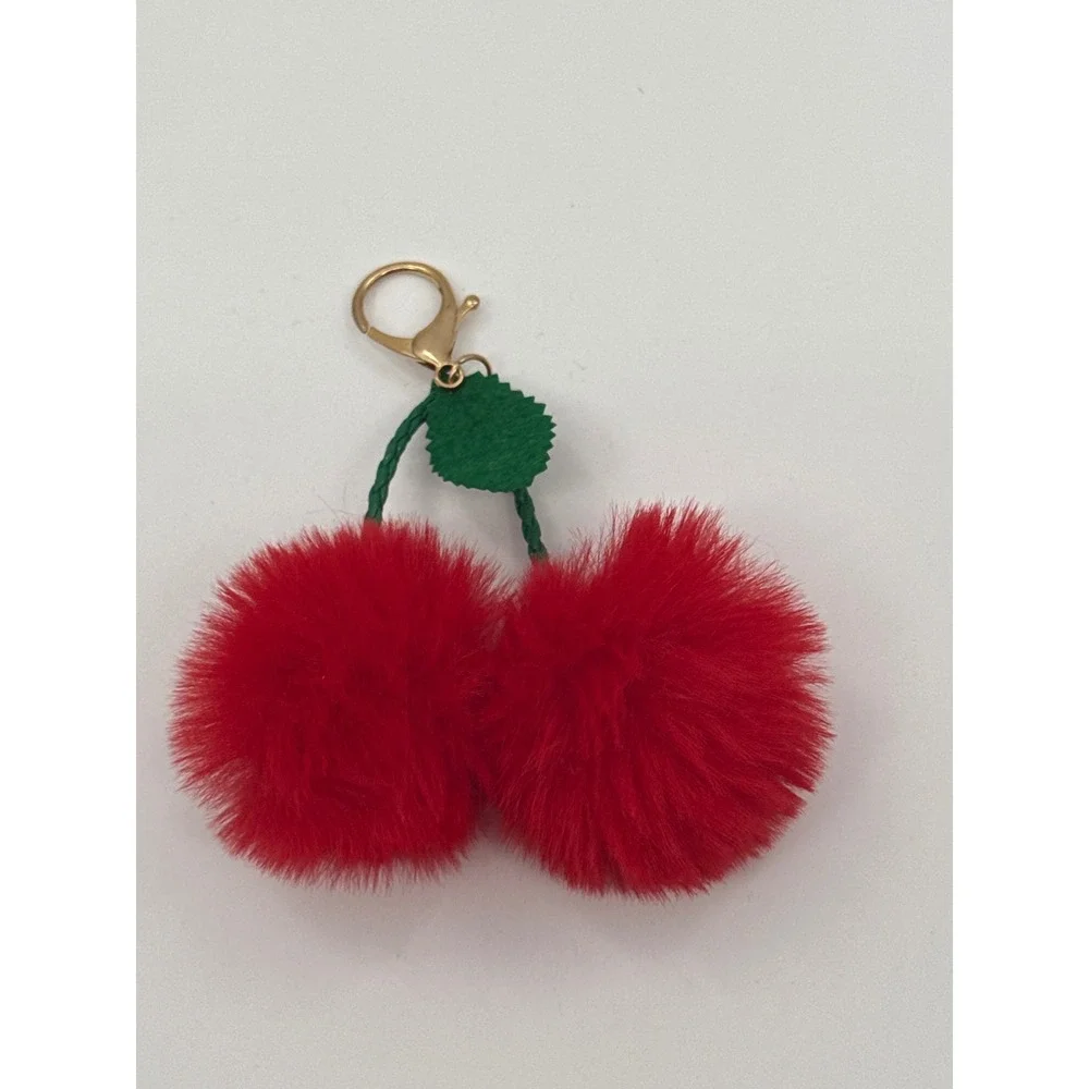 Red Faux Fur Cherry Pom Pom Keychain Bag Charm Gold Tone Clasp Accessory